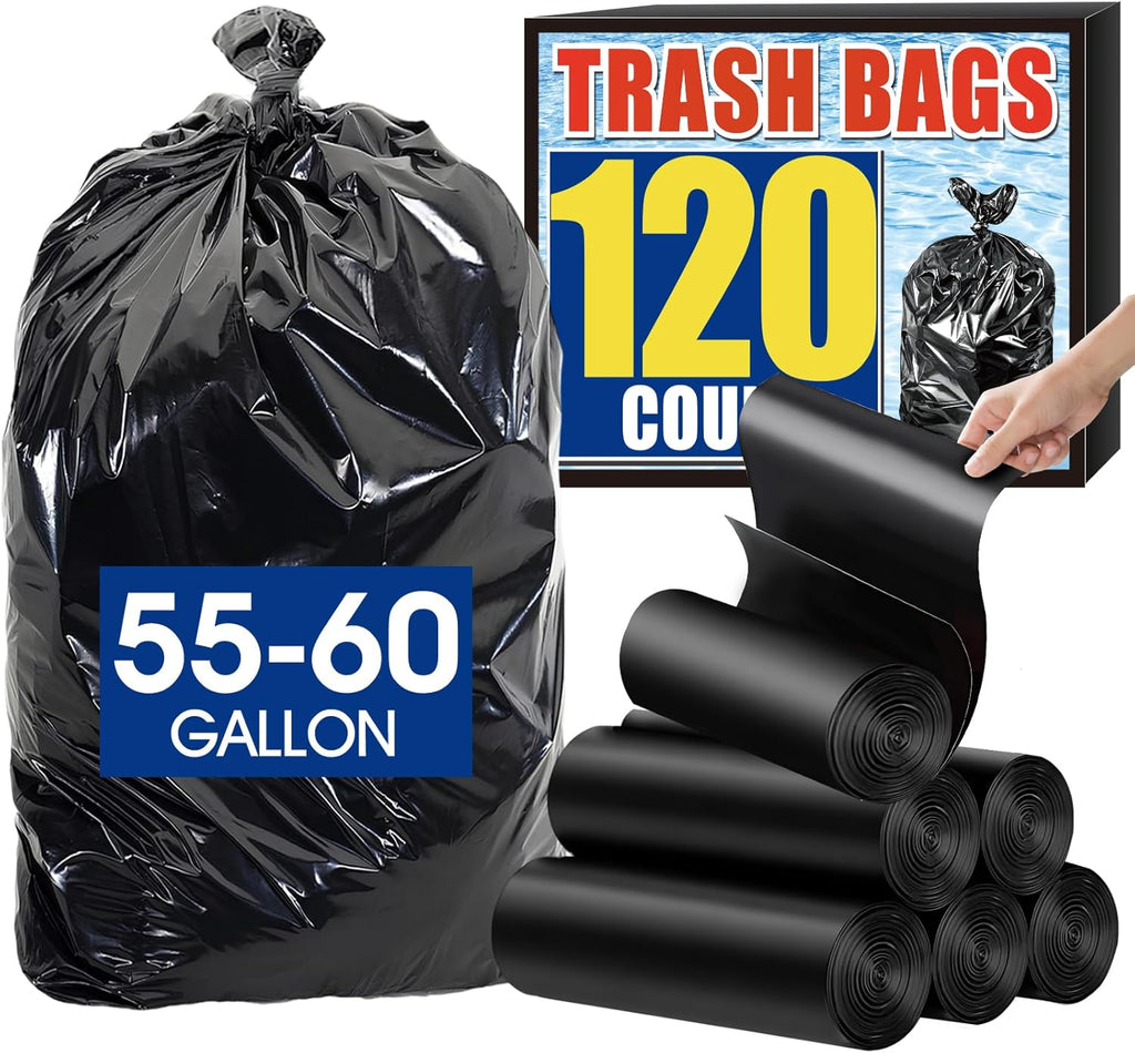 Skiennix 120 Count Trash Bags - Tear-Free 55-60 Gallon Black Garbage Bags for Home & Outdoor Use