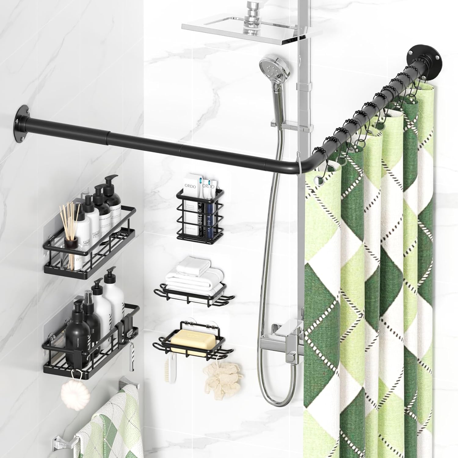Skiennix L-Shaped Shower Curtain Rod - Adjustable 23''-69'' | Durable 304 Stainless Steel, Black