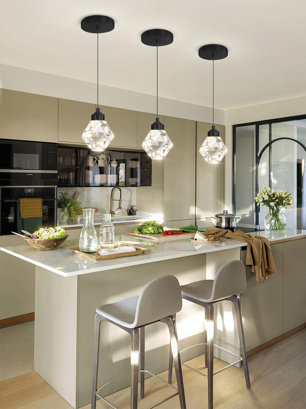 Crystal Pendant Light for Kitchen Island,Black Chandelier Lights Fixture, Hanging Lighting Ceiling Light Fixture Modern Adjustable Pendant Lighting for Dining Room Bedroom