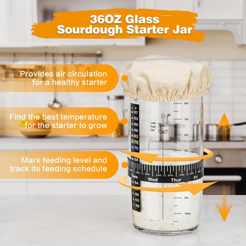 Glass Sourdough Starter Kit with Cloth Cover & Metal Lid, Tracker Band, Thermometer, Jar Scraper, Lame, Dough Whisk, Bread Baking Supplies