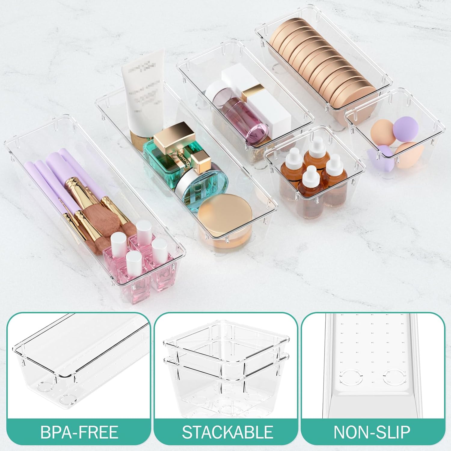 WOWBOX Clear Drawer Organizer Set - 6 Acrylic Storage Trays for Makeup, Jewelry, Office Supplies