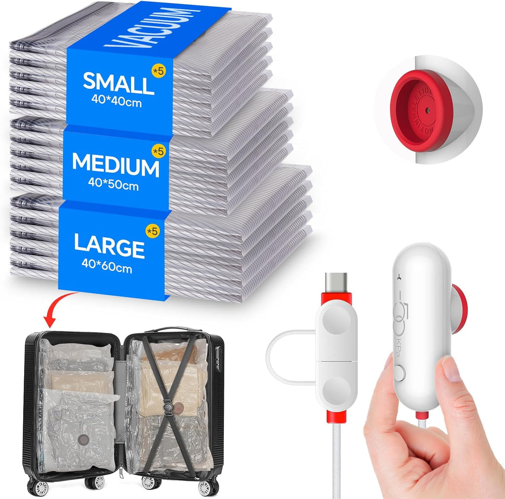 Vacbird Vacuum Storage Bags - 15 Pack Travel Size with USB Pump | Space-Saving Solution for Clothes