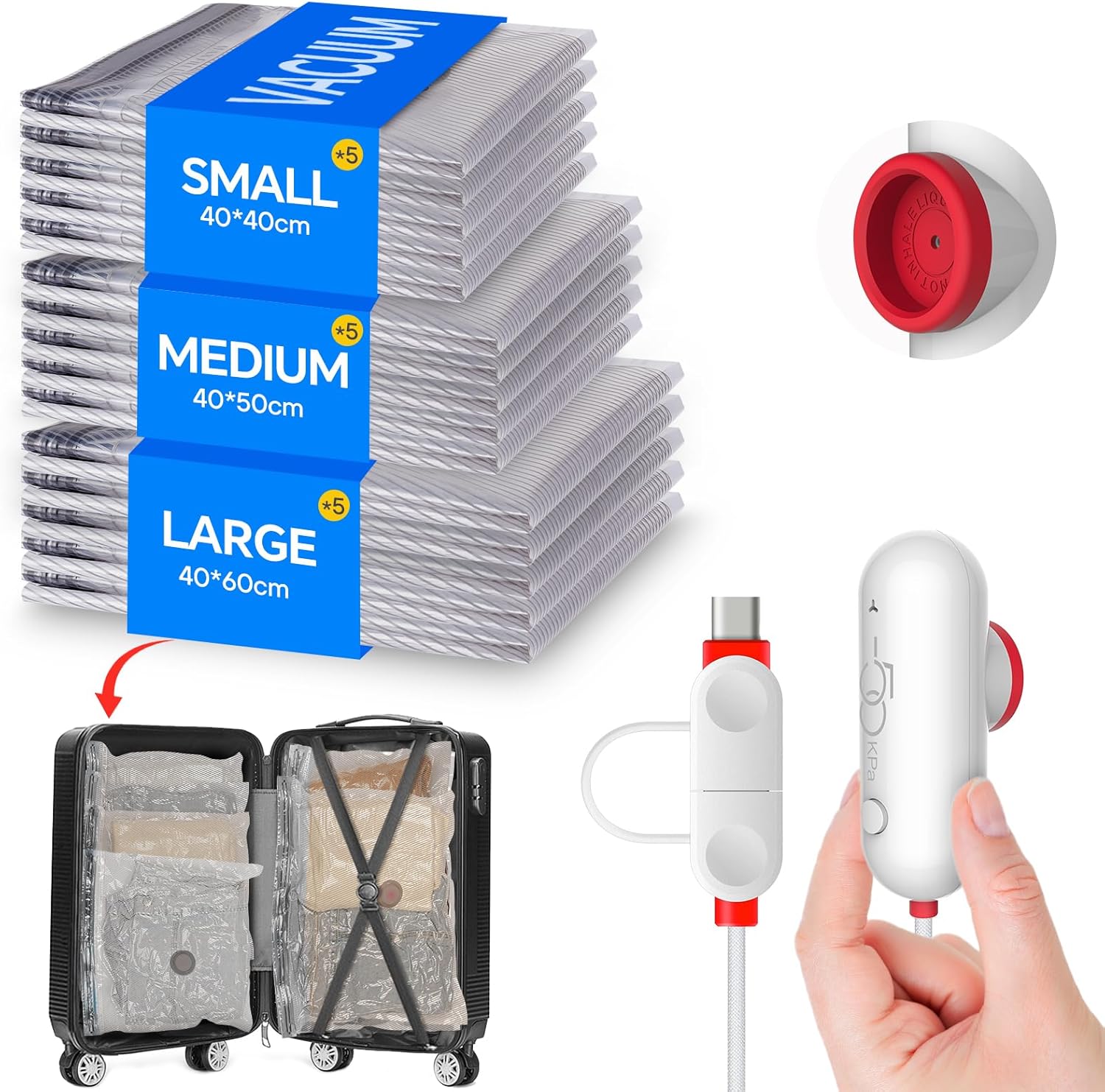Vacbird Vacuum Storage Bags - 15 Pack Travel Size with USB Pump | Space-Saving Solution for Clothes