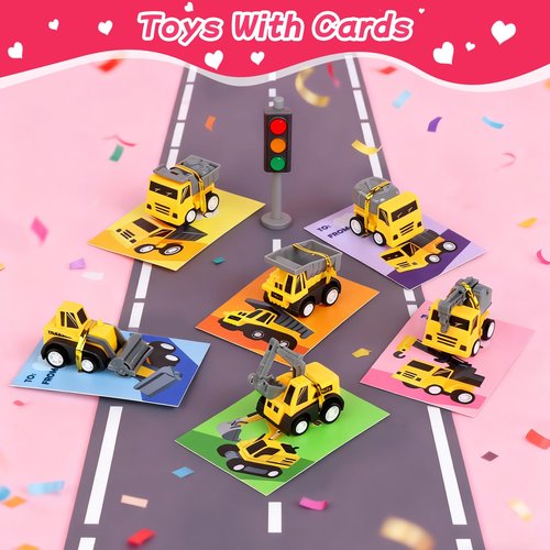 Tymokcall 24 Pcs Valentine’s Day Mini Construction Vehicles Bulk with Cards for Baby Toddlers Kids Pull Back Engineering Truck Party Favors School Gifts Exchange Classroom Prizes for Boys and Girls