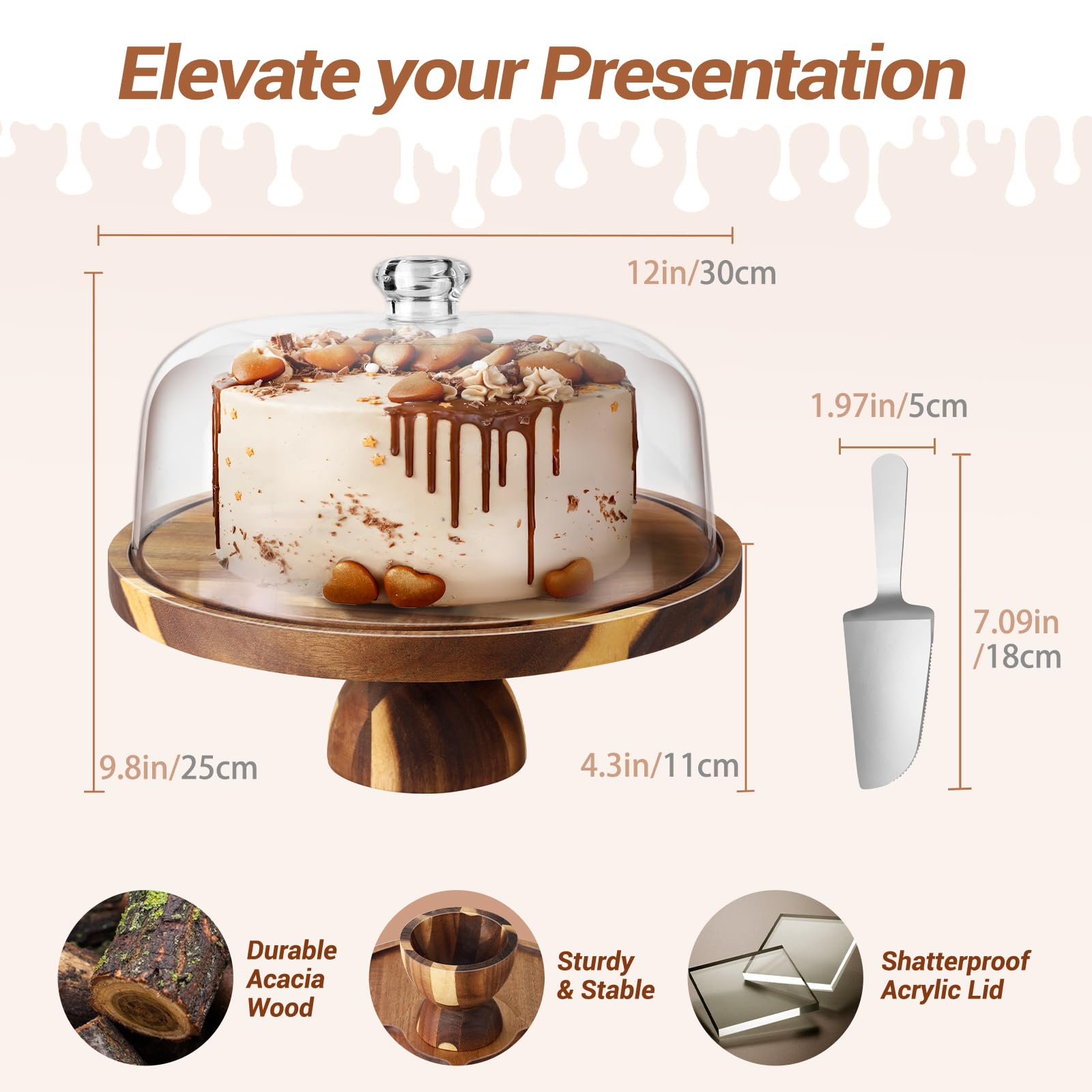 BOTOP Acacia Wood Cake Stand with Lid - 12 Inch Acrylic Dome Cake Cover for Display - 2-in-1 Pedestal Cake Holder & Charcuterie Board - Rustic Wedding Registry Gift & Party Hosting Essentials