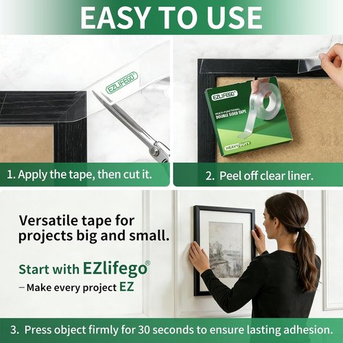 EZlifego Heavy-Duty Double Sided Tape - Clear Nano Adhesive for Picture Hanging (9.85FT)