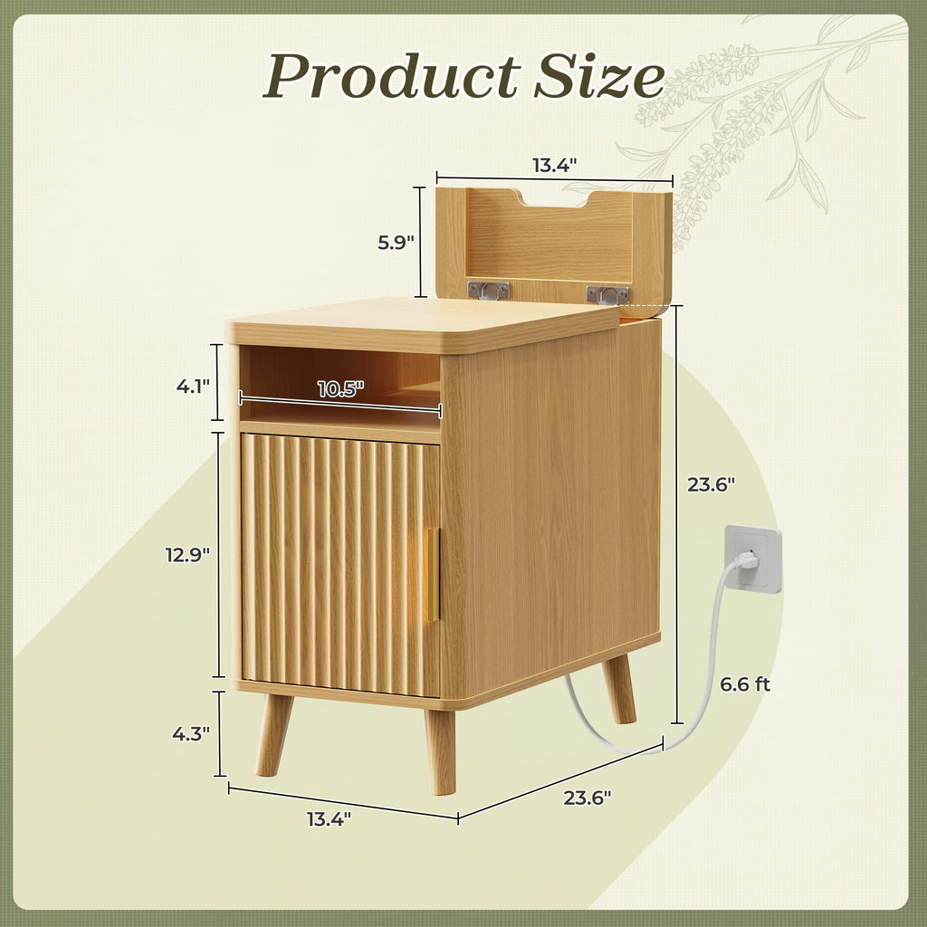 Huuger Narrow End Table with Charging Station, USB-C Port, Fluted Nightstand with Storage Cabinet, Back Rack, Side Table for Small Spaces, 13.4 × 23.6 Inch Night Stand with Storage, Natural
