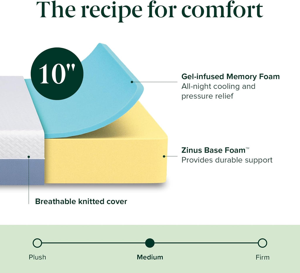 Zinus 10 Inch Full Memory Foam Mattress - Cooling Comfort, Fiberglass Free, Medium Feel, Safe Materials