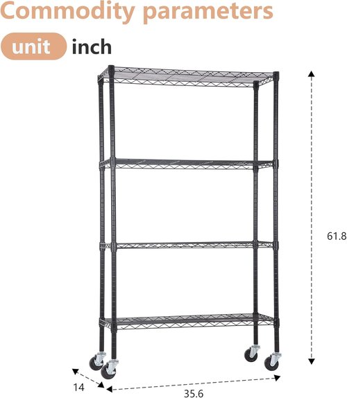 BestOffice 4-Tier Wire Storage Shelves - Heavy-Duty Metal with Wheels | Adjustable, 36x14x62 | Black | Easy No-Tool Assembly, Holds Up to 500 lbs | Perfect for Home & Garage