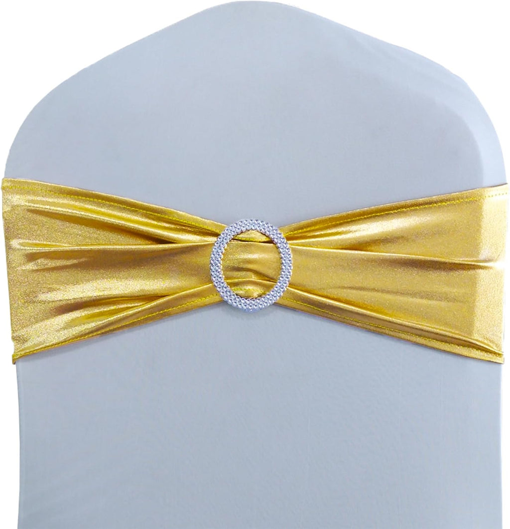 Skiennix Spandex Gold Chair Sashes - Pack of 50 for Weddings, Parties & Events | Elegant Metal Bow Design
