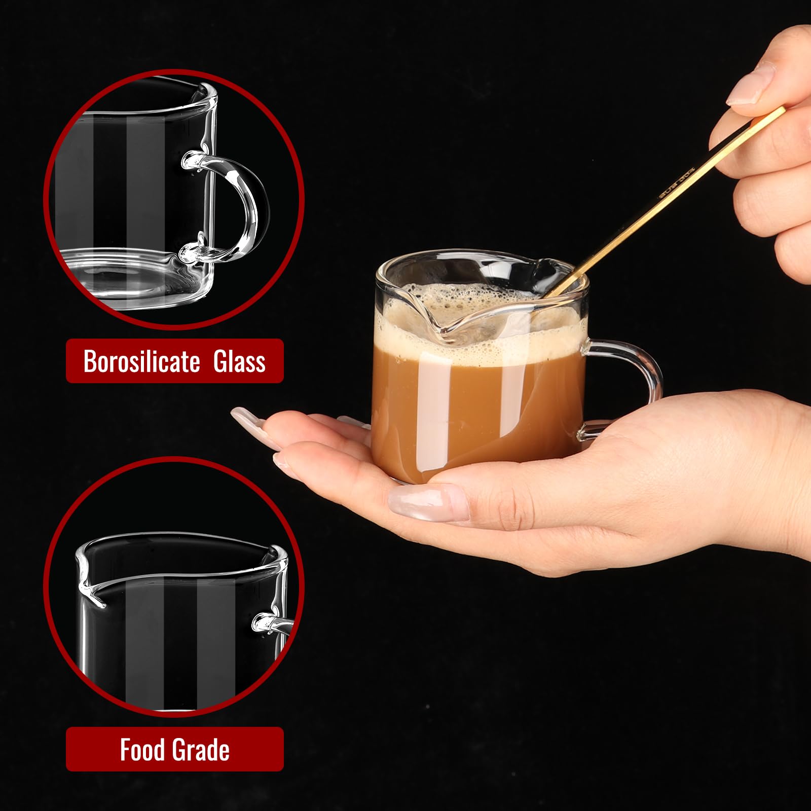 Mcupper 2 Pack Espresso Cups 4 OZ, Double Spouts Cups with Handle and 2 Stainless Steel Spoons, Espresso Shot Glasses, Milk Cup, Clear Glass for Espresso Machine