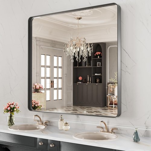 LOAAO Black Metal Framed Bathroom Mirror - 40x38 Inch, Anti-Rust, Tempered Glass, Versatile Hanging Options