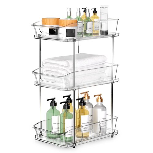incostar 3 Tier Under Sink Organizer and Storage - Multi-Purpose Stackable Pantry Organizer with Pull-Out Clear Bins and Movable Dividers for Kitchen and Bathroom Cabinet