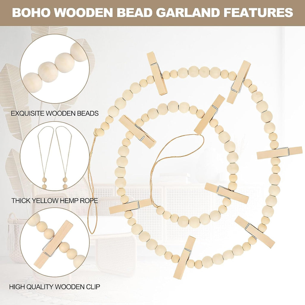 Skiennix 2 Pack Hanging Photo Display - Boho Wooden Bead Garland Wall Decor with 9 Clips for Home & Office