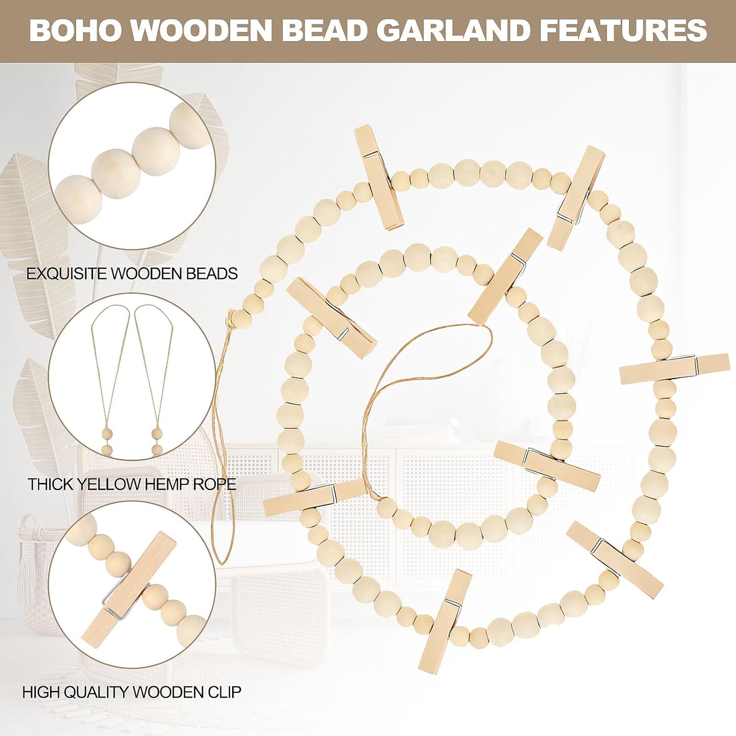 Skiennix 2 Pack Hanging Photo Display - Boho Wooden Bead Garland Wall Decor with 9 Clips for Home & Office