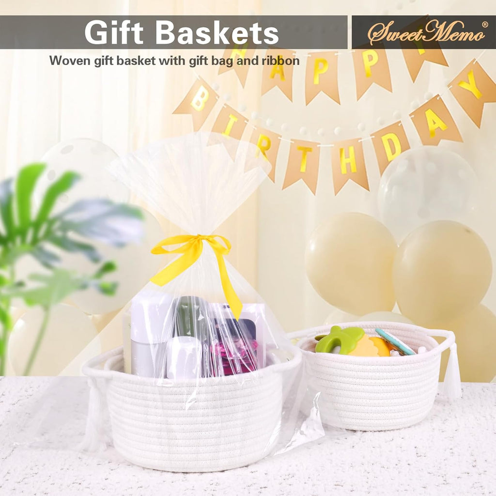 SweetMemo Gift Basket - Cute Decorative Woven Basket for Kids & Baby Showers | Mini Cotton Rope Bin with Handles