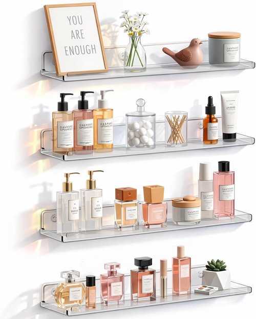 Lifewit Acrylic Floating Shelves - Versatile Wall Organizer for Perfume, Makeup & More | 14" Clear, 4 Pack