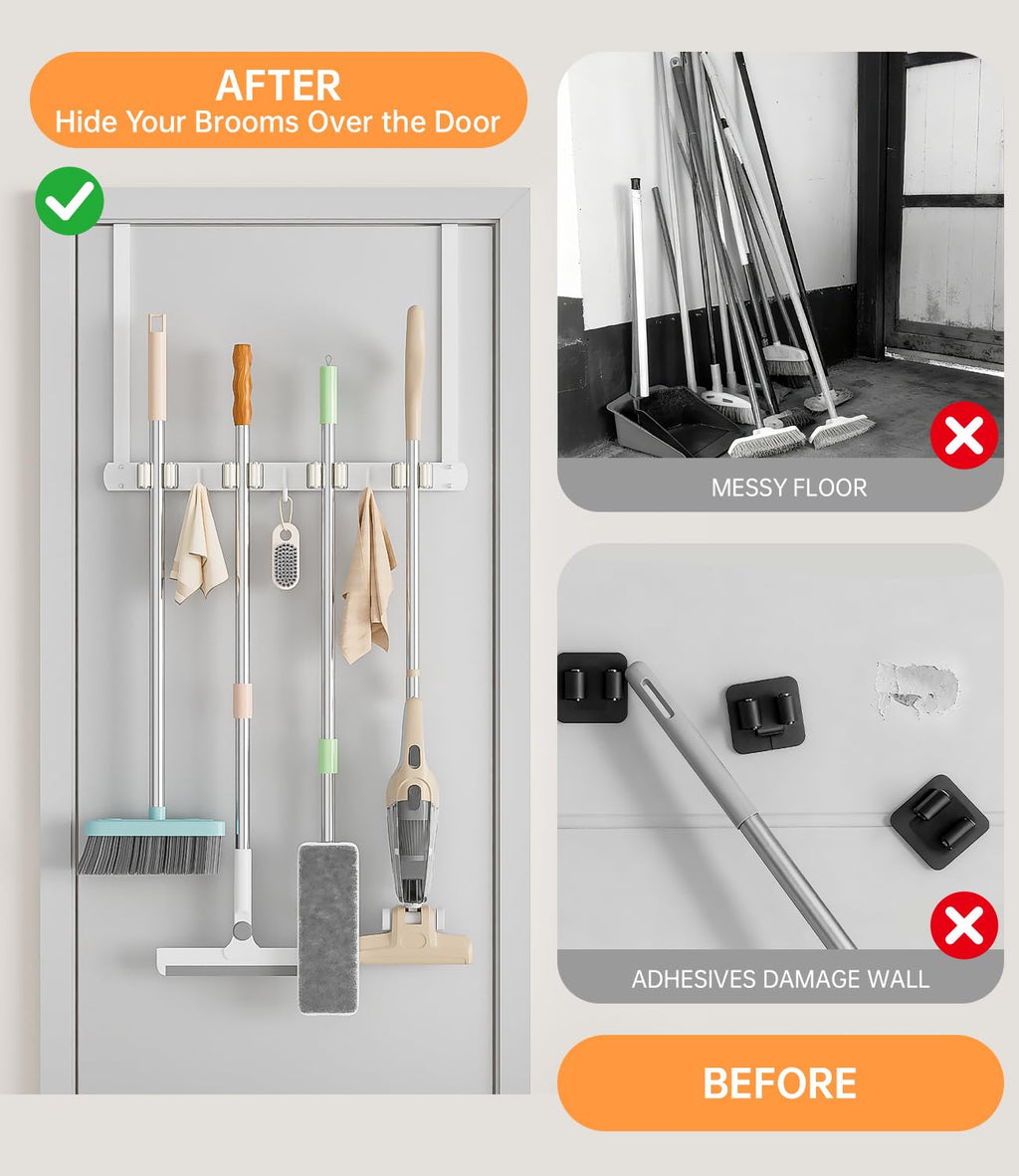 Broom Holder Over The Door - 304 Stainless Steel Mop and Broom Holder Wall Mounted or Hanging Over The Door with Hooks - Broom Hanger - white, Broom Storage Tool Organizer for Closet Laundry