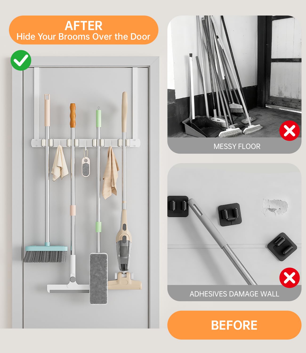 Broom Holder Over The Door - 304 Stainless Steel Mop and Broom Holder Wall Mounted or Hanging Over The Door with Hooks - Broom Hanger - white, Broom Storage Tool Organizer for Closet Laundry