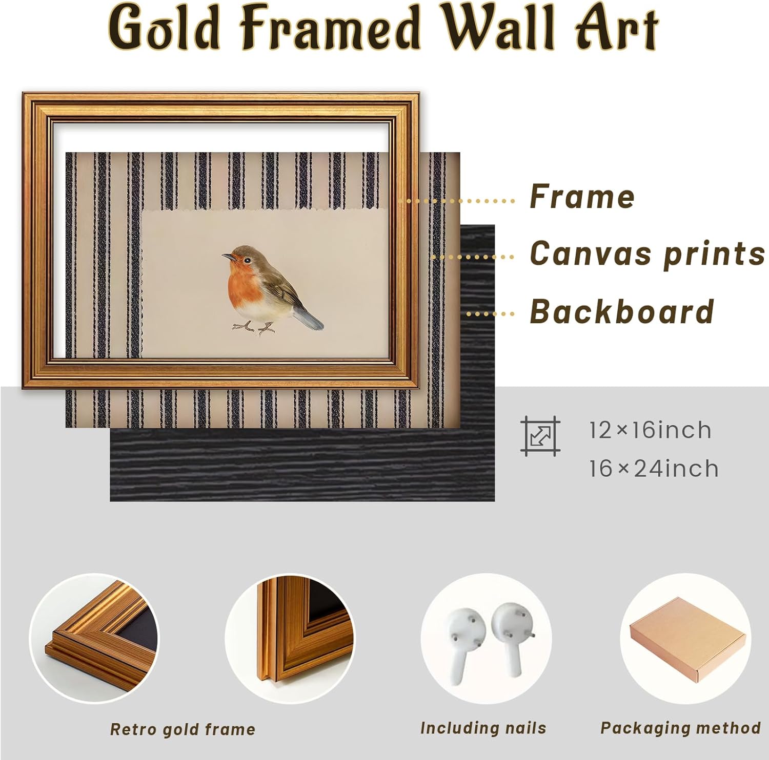 Vintage Gold Framed Bird Wall Art - Cottagecore Robin Illustration Canvas Print | 12x16 Inch Decor