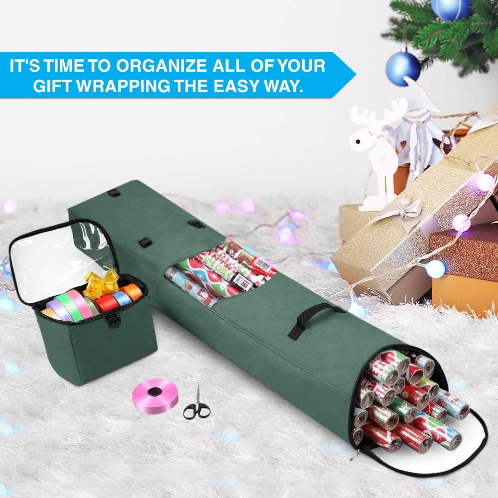 Primode Heavy-Duty Christmas Gift Wrap Storage Bag - Long Wrapping Paper Organizer with Detachable Tote | 48"x10"x5" (Green)