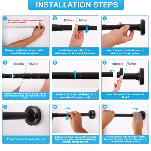 Shower Curtain Rod Bathroom Tension Rods 32 To 90 Inch Tension Curtain Rod Matte Black Shower Curtain Rod No Drill Spring Tension Rod,Rust Proof Anti Slip