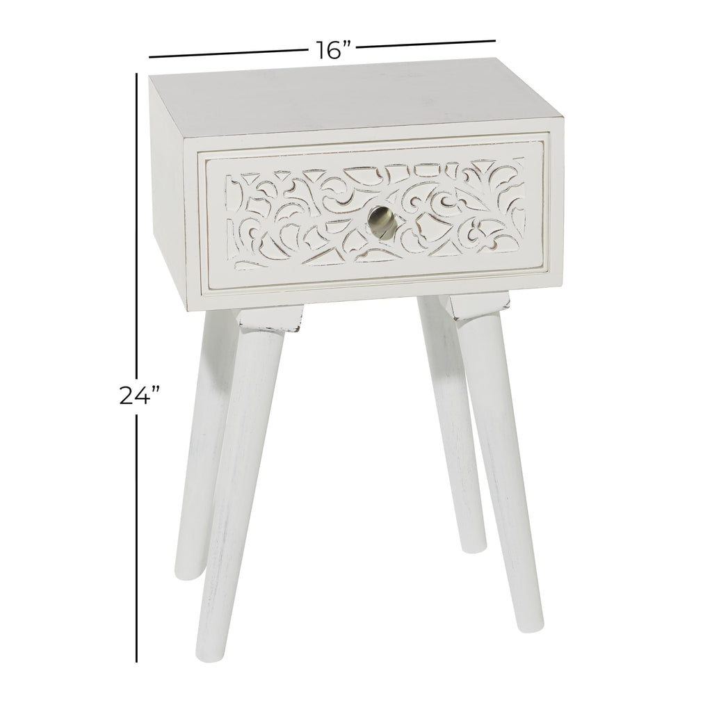 Deco 79 Mango Wood Scroll Side End Accent Table Intricately Carved Single Drawer End Table, Side Table 16" x 13" x 24", White