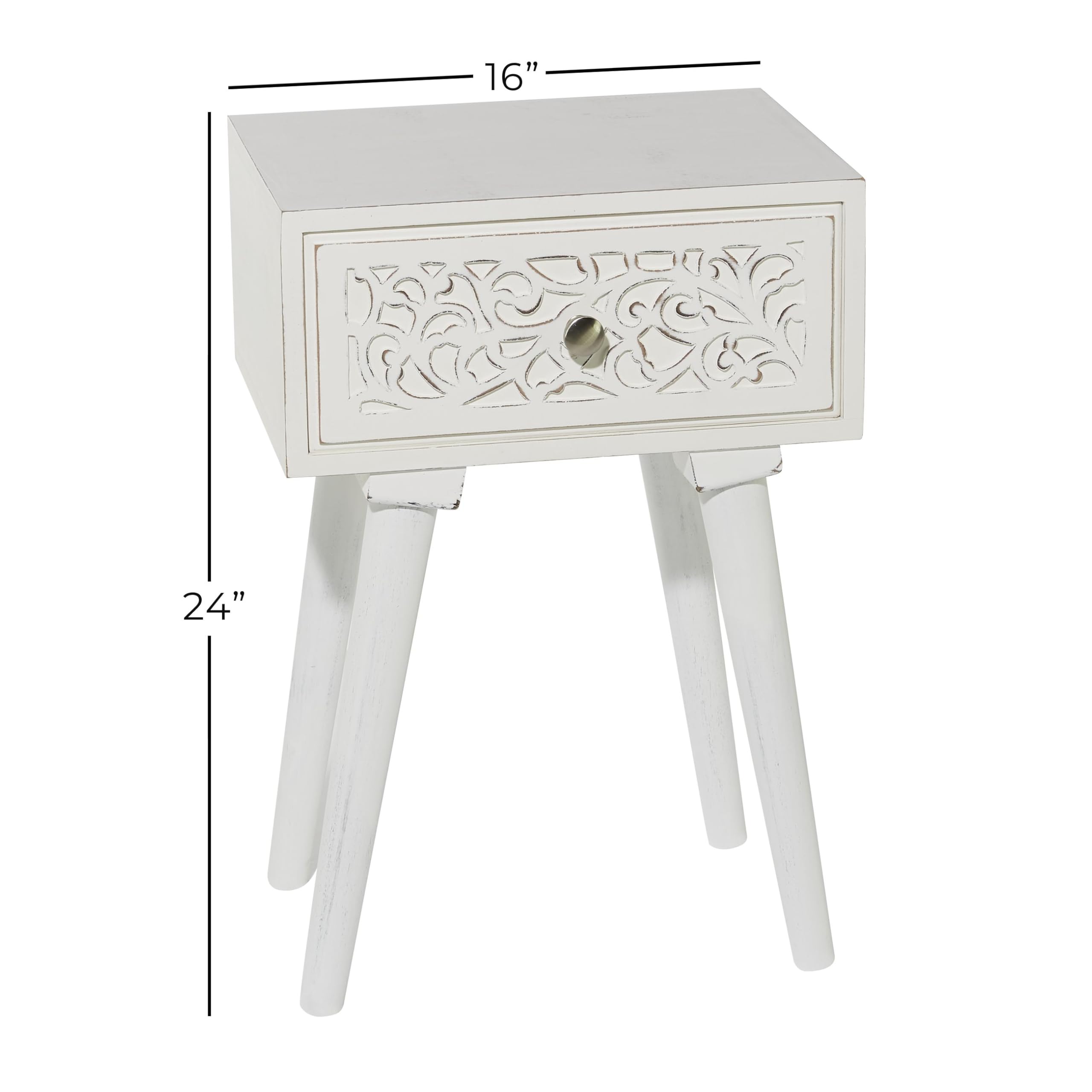 Deco 79 Mango Wood Scroll Side End Accent Table Intricately Carved Single Drawer End Table, Side Table 16" x 13" x 24", White