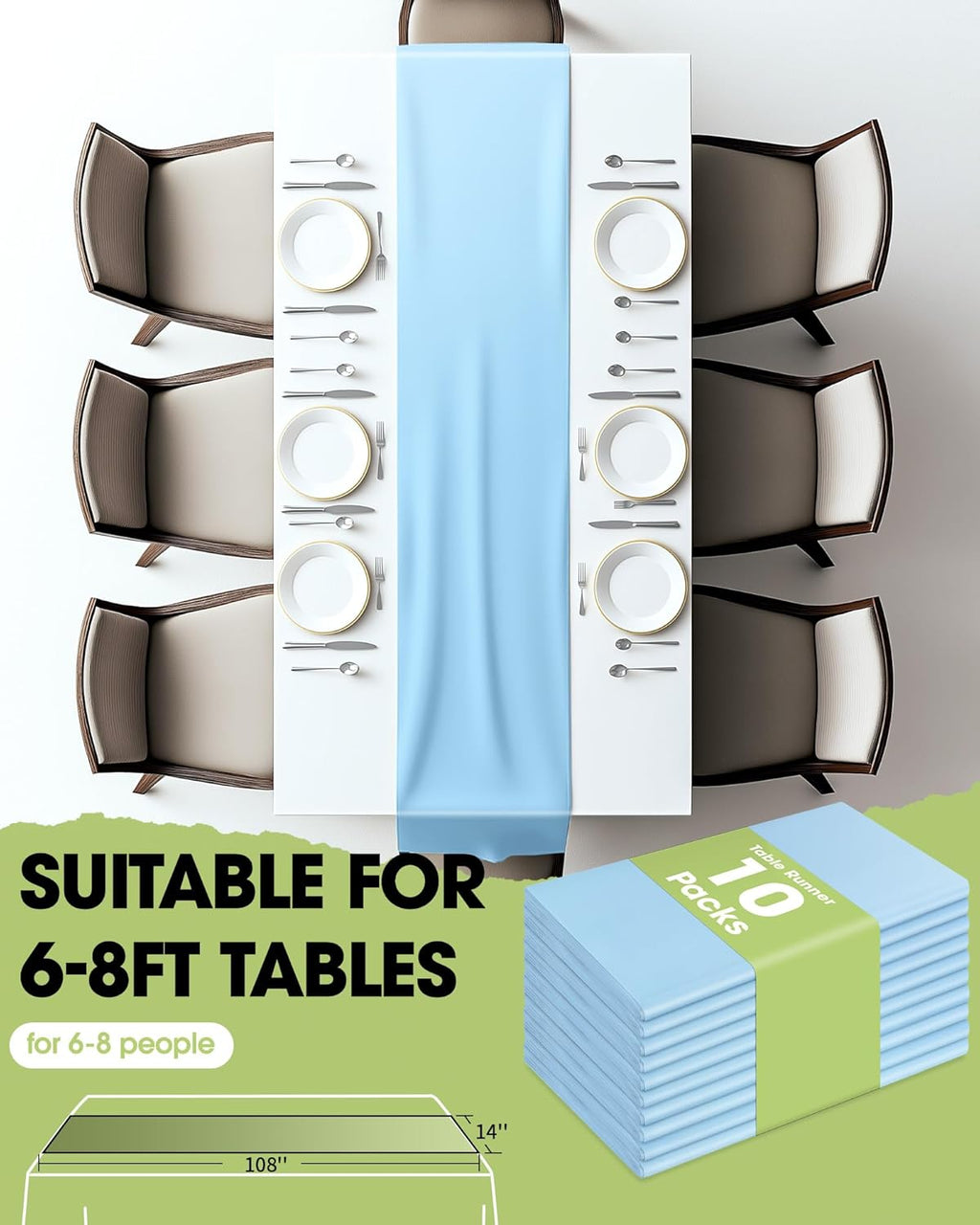 Pureegg Table Runners - Light Blue, 10 Pack, 14'' x 108'', Water Resistant & Disposable for Events