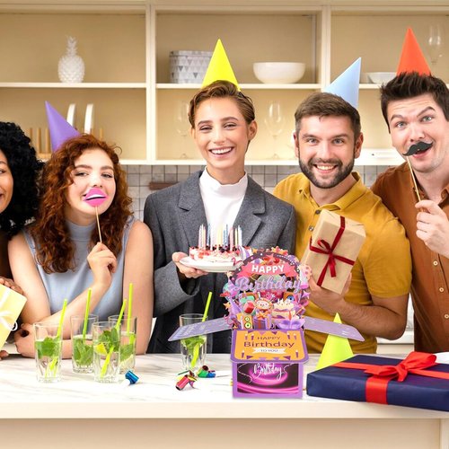 Happy Birthday Pop Up Card - Unique 3D Greeting Card for Men & Women | Foldable Celebration Card (Purple)
