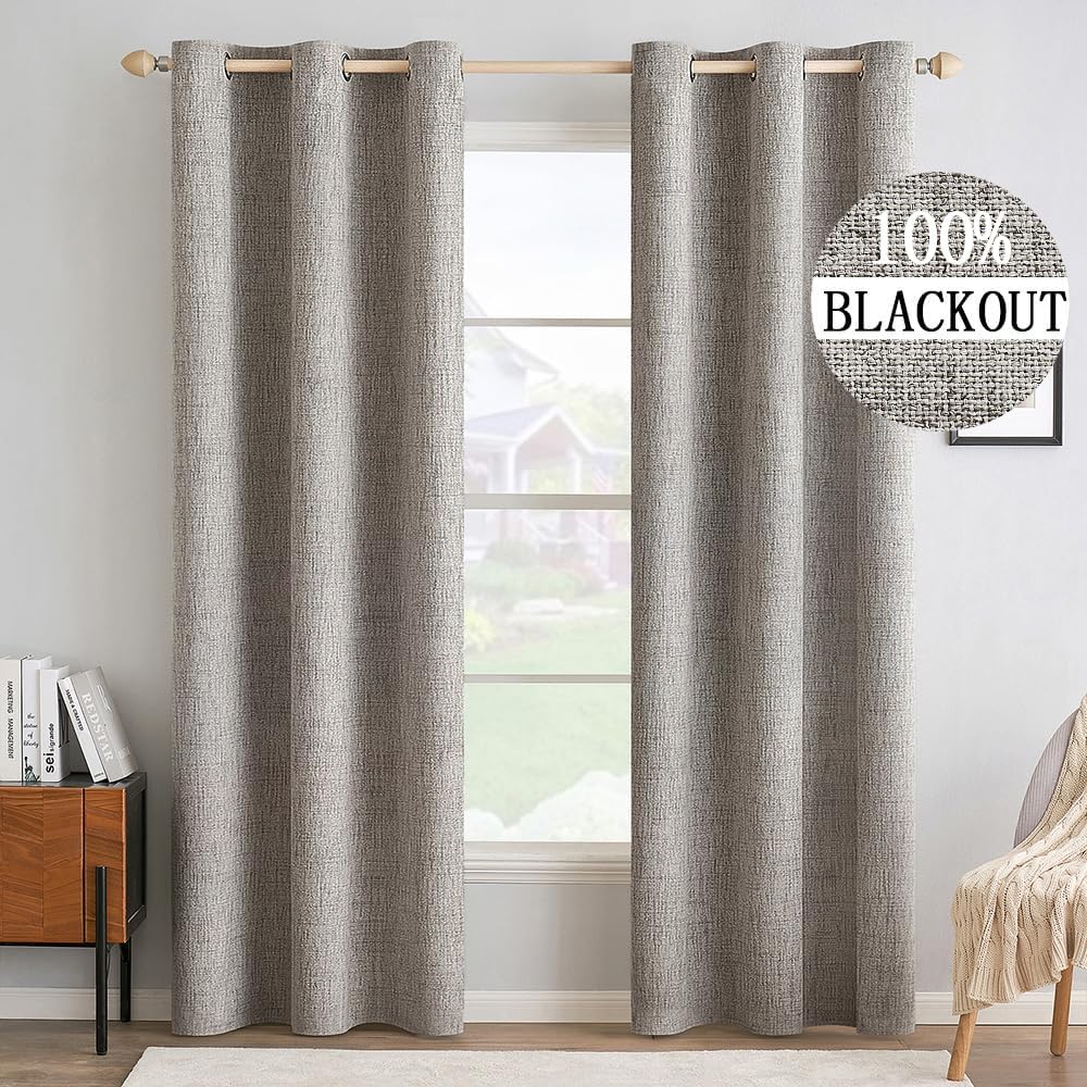 MIULEE 100% Blackout Linen Textured Curtains - Thermal Insulated Room Darkening Drapes | Warm Taupe, 42 x 84 Inch (2 Panels)