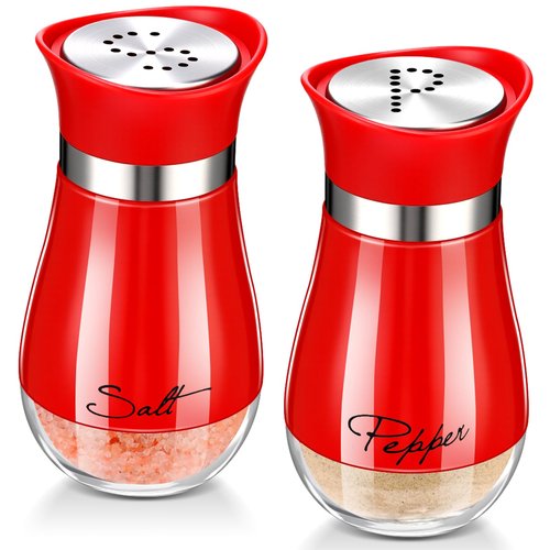 Acellegic 2 Pcs Salt and Pepper Shakers with Glass Bottom Set 4 oz Stainless Steel Salt and Pepper Holders for Kitchen Cooking Table Camp Refillable Perforated(Red Color)