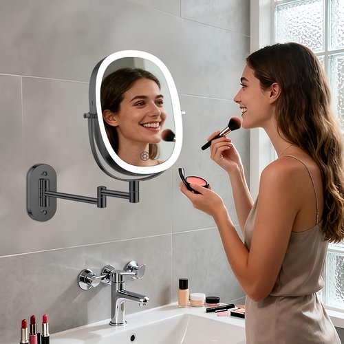 FUNTOUCH 30X/1X Wall Mounted Lighted Makeup Mirror, 5000mAh Rechargeable Oval Double Sided Touch Switch Magnifying Mirror with Light, 3 Color Setting, Extended Arm 360°Swivel Foldable,Black