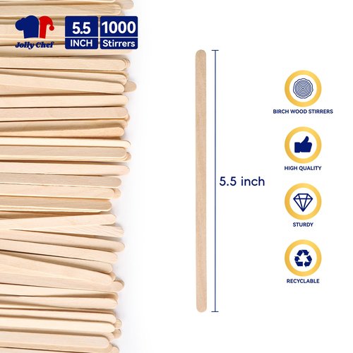 JOLLY CHEF 1000 Count Wooden Coffee Stirrers 5.5 inch Birch Stir Sticks Wood Stirring Sticks for Coffee and Cocktail