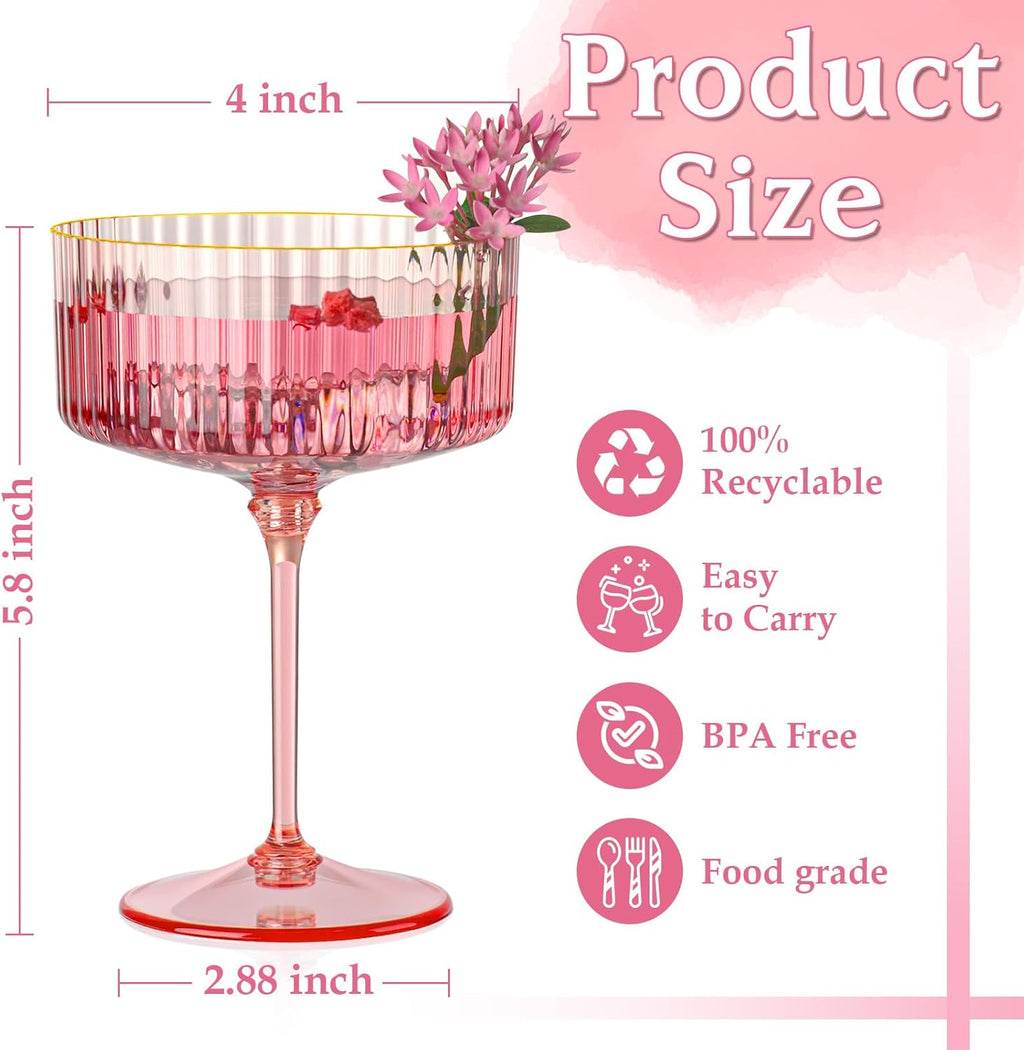 Skiennix 12 PCS Pink Ribbed Coupe Glasses - 10oz Vintage Cocktail Glassware with Gold Rim for Parties