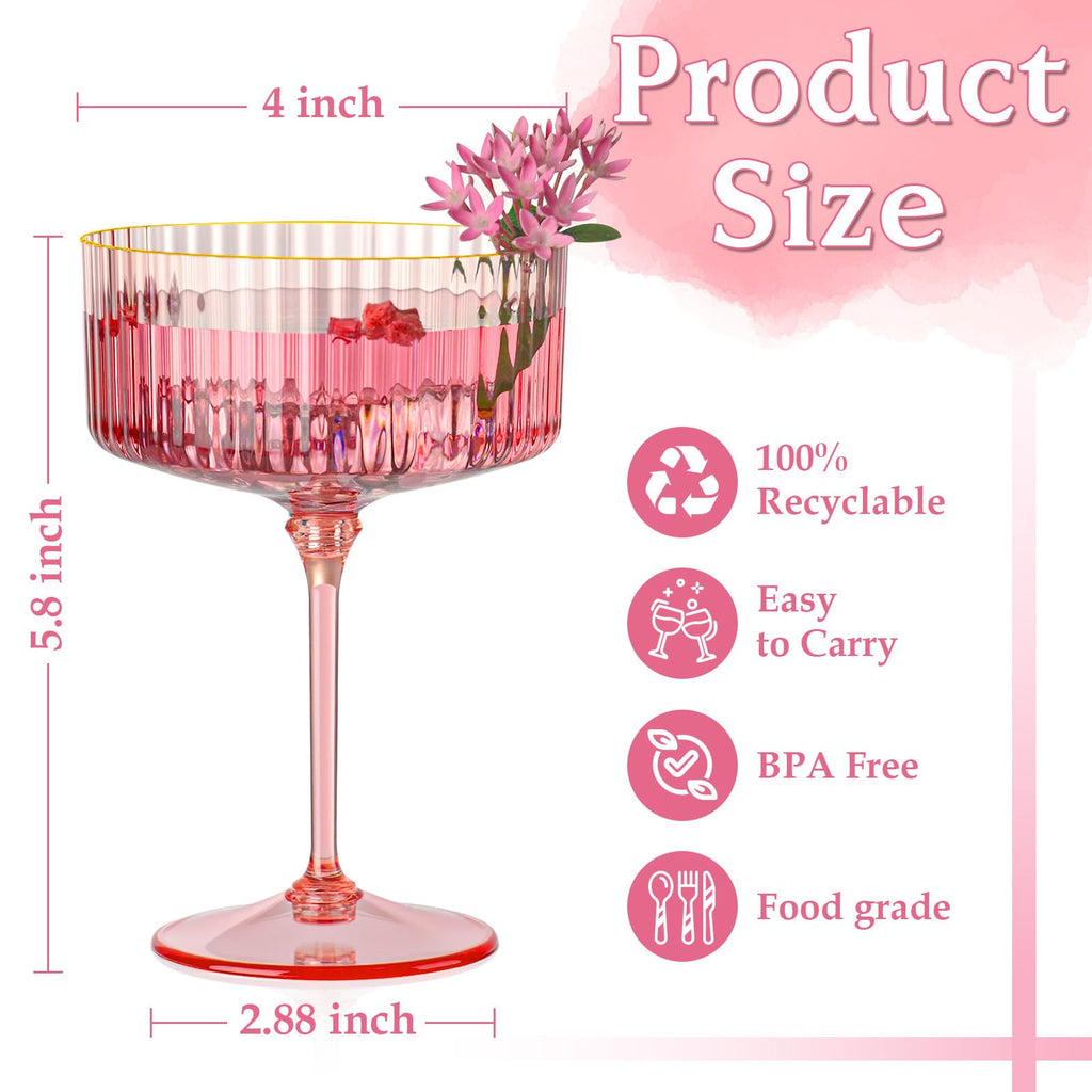 HKSZEH 12 PCS Ribbed Coupe Glasses Pink Plastic Champagne Coupe Cup 10oz Detachable Gold Rim Espresso Martini Glass Vintage Margarita Glassware Cocktail Glass for Wedding Bachelorette Party