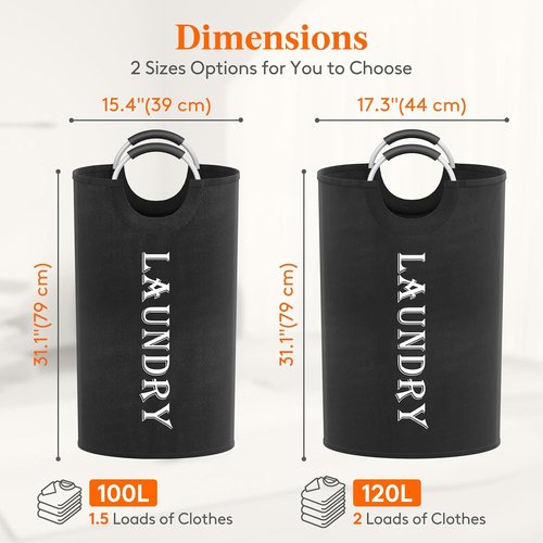 Lifewit Large 100L Laundry Basket - Collapsible Hamper with Aluminum Handles | Waterproof Black 2-Pack