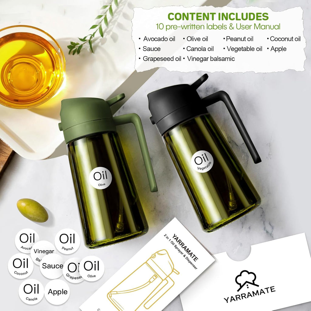 YARRAMATE 16oz Dark Green Oil Sprayer - Food-Grade 2-in-1 Olive Oil Dispenser for Cooking & BBQ