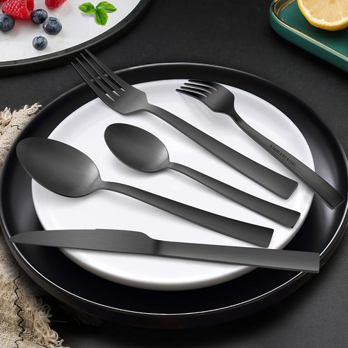 60-Piece Matte Black Silverware Set, E-far Stainless Steel Flatware Set Service for 12, Metal Cutlery Eating Utensils Tableware Includes Forks/Spoons/Knives, Square Edge