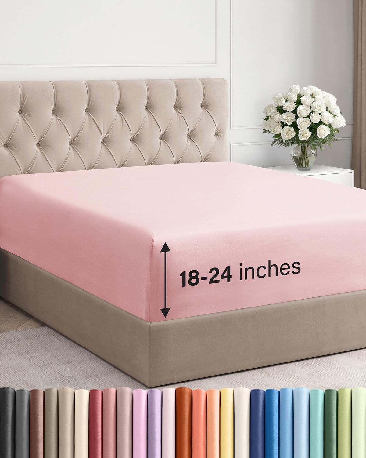 Skiennix Extra Deep Queen Fitted Sheet - Ultra Soft & Breathable - Fits 18-24 Inch Mattresses - Baby Pink