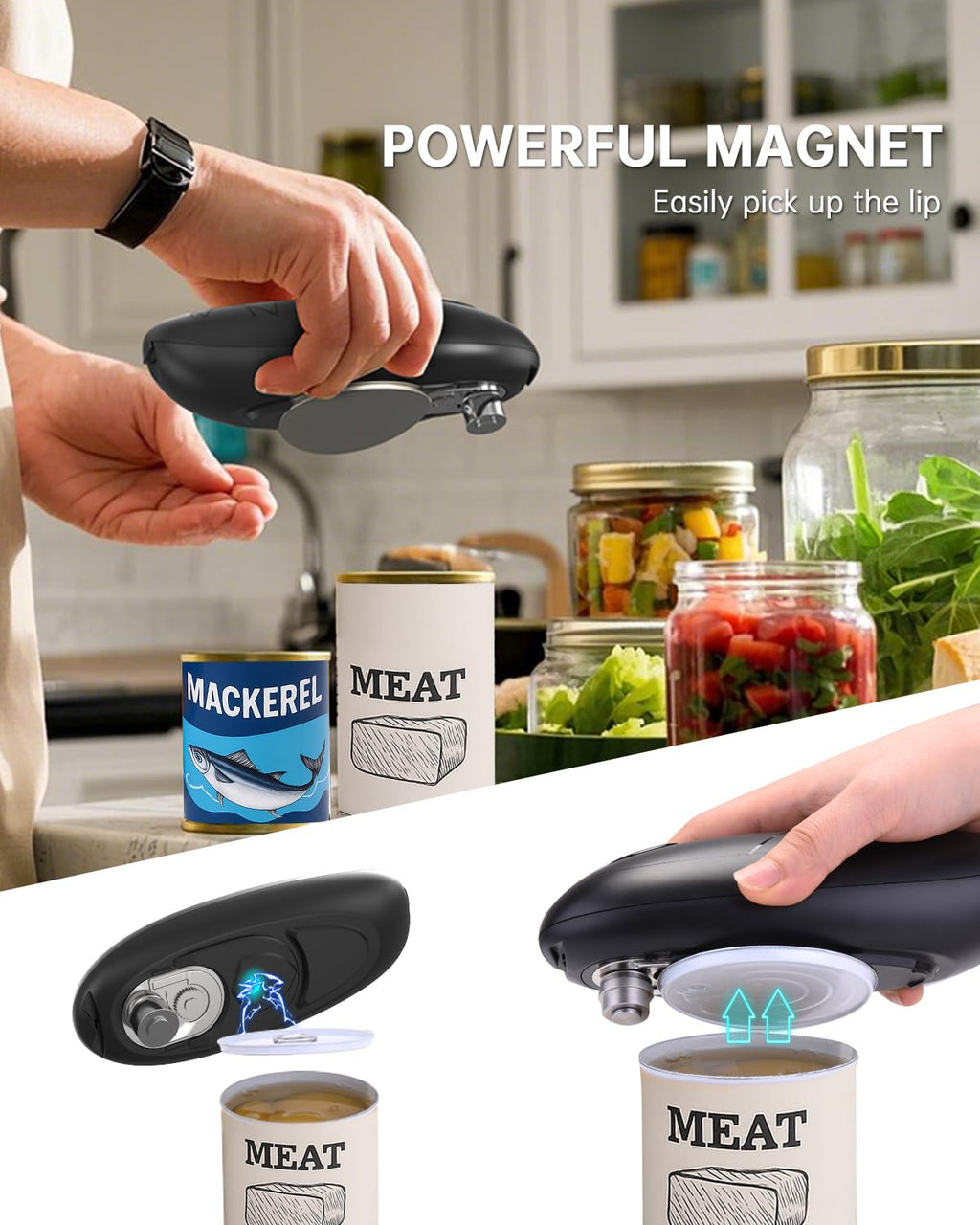 CIRCLE JOY Electric Can Opener, One-Touch Automatic Can Opening with Smooth Edges, Food Safety Handheld Battery-Operated Can Opener for Kitchen and Seniors, Black