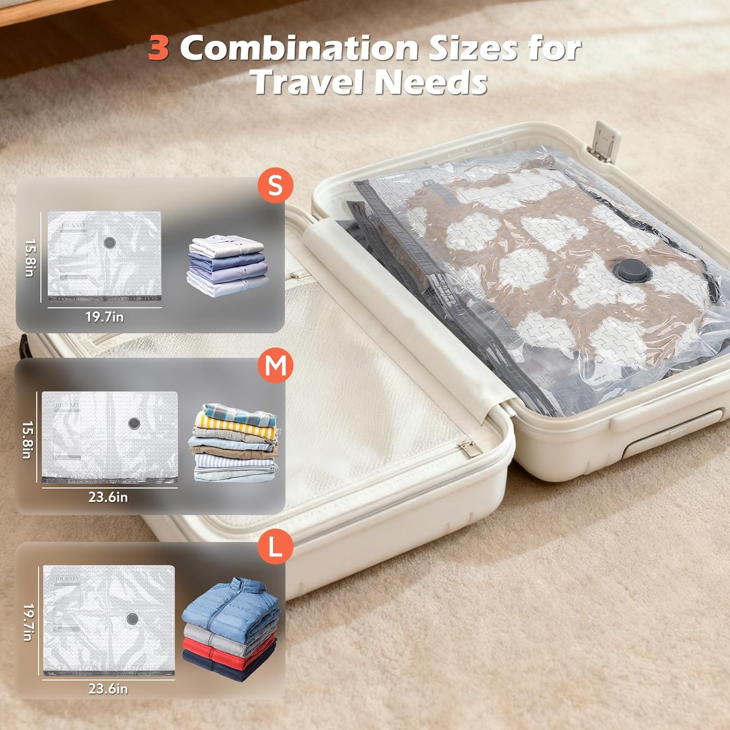 Skiennix Travel Vacuum Bags - Wireless Charging Air Pump Included | 15 Pack in 3 Sizes for Clothing & Luggage Storage
