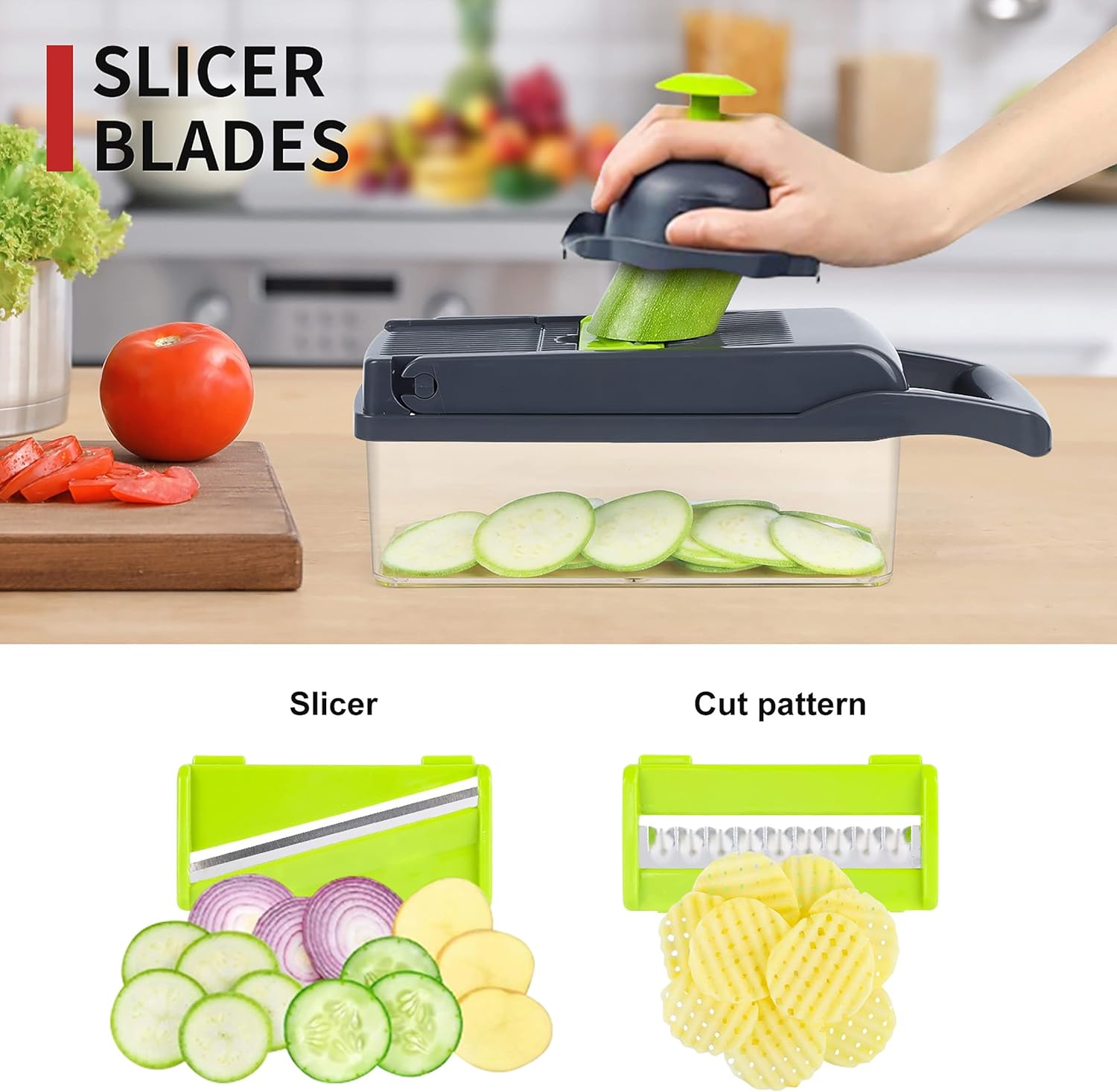 Skiennix Vegetable Chopper - Multifunctional 10-in-1 Mandoline Slicer & Dicer | Gray/Green Kitchen Gadget