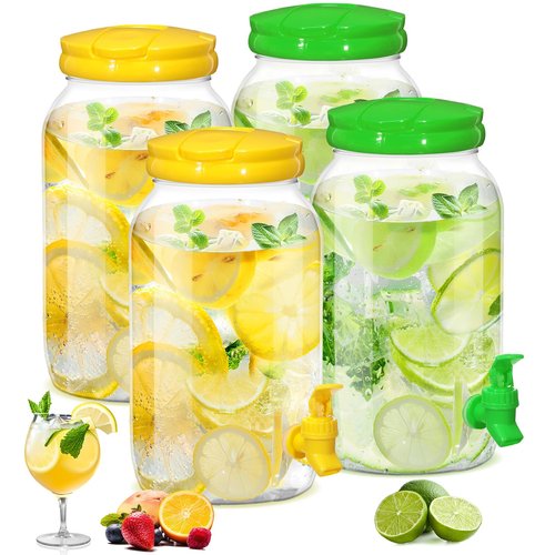 Uiifan 4 Pcs 1 Gallon Plastic Drink Dispenser for Parties Clear Plastic Beverage Dispenser Water jar with Spigot and Carrying Lid for Weddings Lemonade Juice Water Tea Beer, Yellow and Green