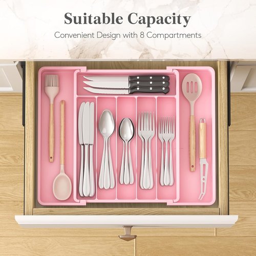 Lifewit Expandable Silverware Drawer Organizer - BPA-Free Utensil Tray for Kitchen | Adjustable Pink Storage (10.9"-17.5" x 13.7")