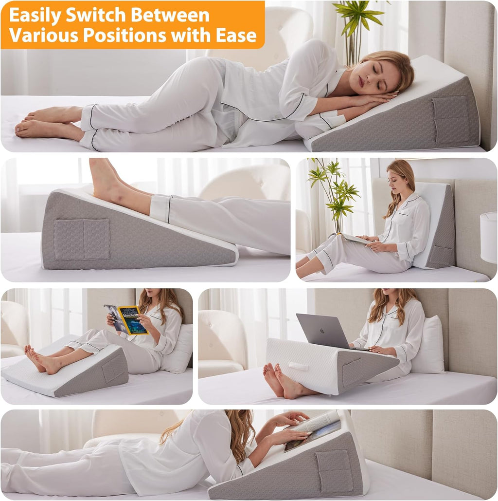 Ruqmuis Wedge Pillow - Acid Reflux Relief & Back Pain Support | 10" Triangle Pillow with Cover, White