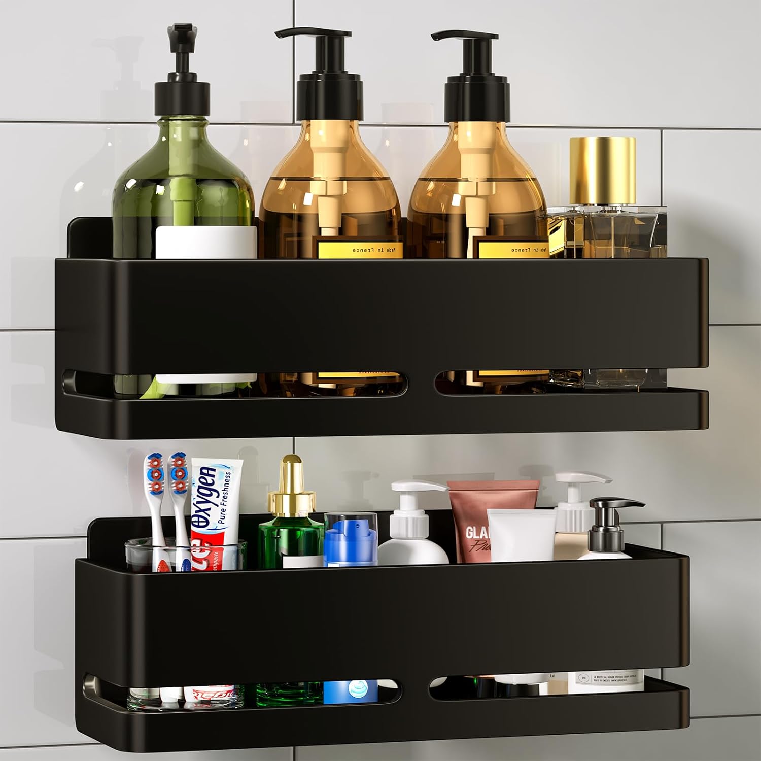 Skiennix Shower Caddy - Heavy-Duty No-Drill Bathroom Organizer | 2-Pack Black Metal Storage Shelf