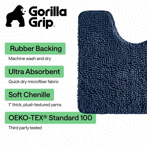 GORILLA GRIP Plush Chenille Bath Rug Mat - Soft, Absorbent, Machine Washable | Navy Blue, Oval Toilet Base