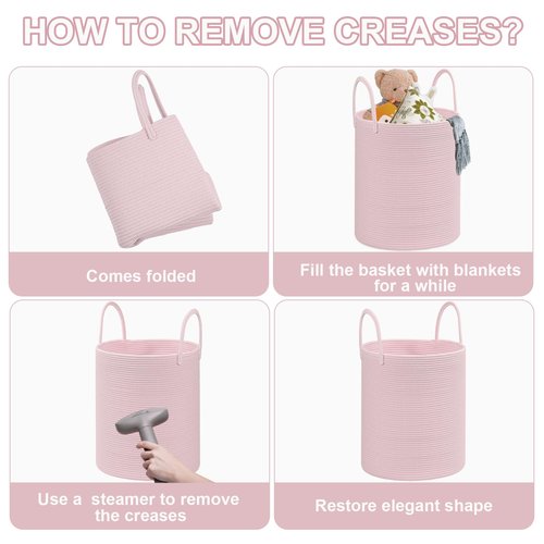 HOBASKET Cotton Rope Storage Basket with Handles, Pink, Large Capacity Laundry Hamper and Laundry Basket for Clothes, 15x18 Inches, Nursery Organizer