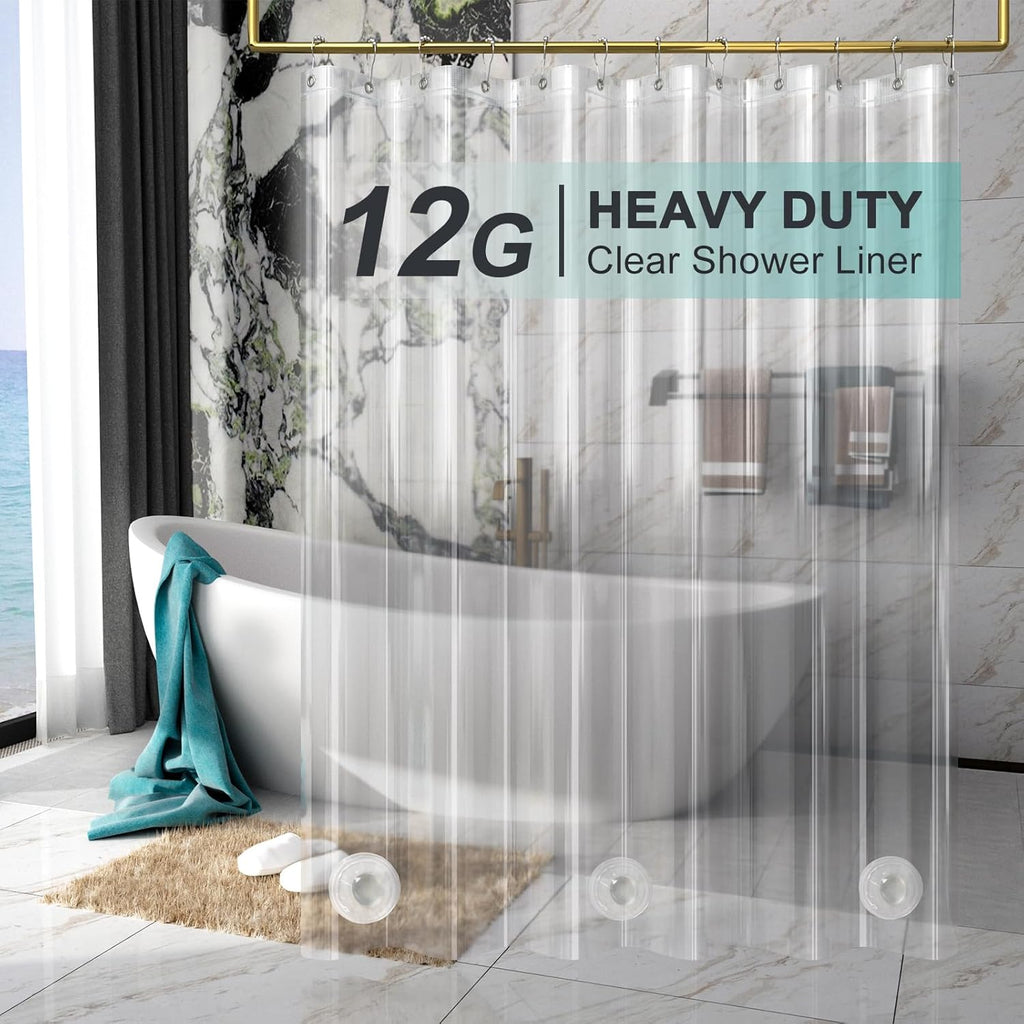 AmazerBath Heavy Duty Shower Curtain Liner - 12 Gauge Clear 72 x 72 Inches with 3 Stones & 12 Grommets